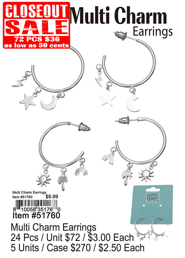 Multi Charm Earrings - Closeout 72 Pcs.